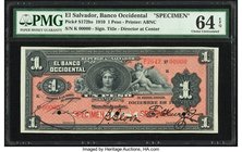 El Salvador Banco Occidental 1 Peso 12.1910 Pick S172bs Specimen PMG Choice Uncirculated 64 EPQ. An elegant example printed by The American Bank Note ...