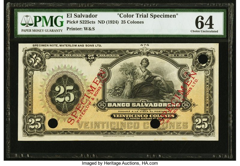 El Salvador Banco Salvadoreno 25 Colones ND (1924) Pick S225s Specimen PMG Choic...