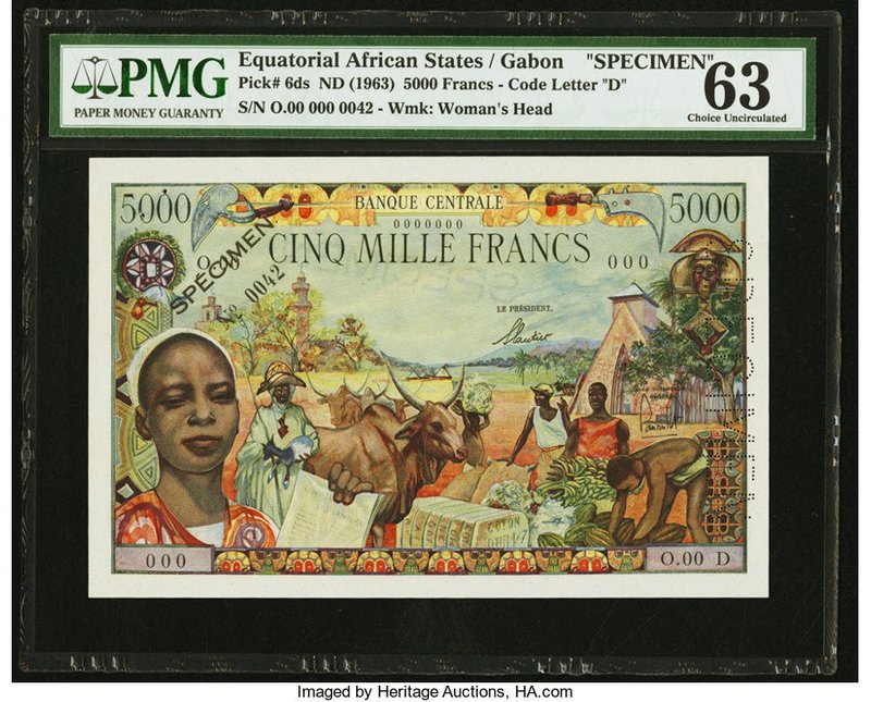 Equatorial African States Gabon 5000 Francs Francs, Code Letter D ND (1963) Pick...