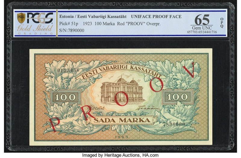 Estonia Eesti Vabariigi Kassataht 100 Marka 1923 Pick 51p Uniface Proof PCGS Gol...