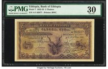 Ethiopia Bank of Ethiopia 5 Thalers 1.5.1932 Pick 7 PMG Very Fine 30. A kudu is featured on this colorful lower denomination from the second series wi...
