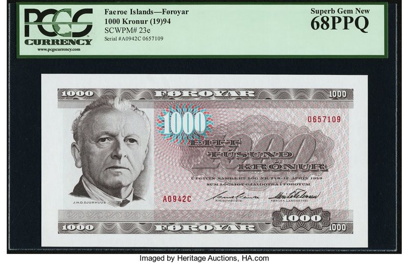 Faeroe Islands Foroyar 1000 Kronur 1994 Pick 23e PCGS Superb Gem New 68PPQ. A lo...