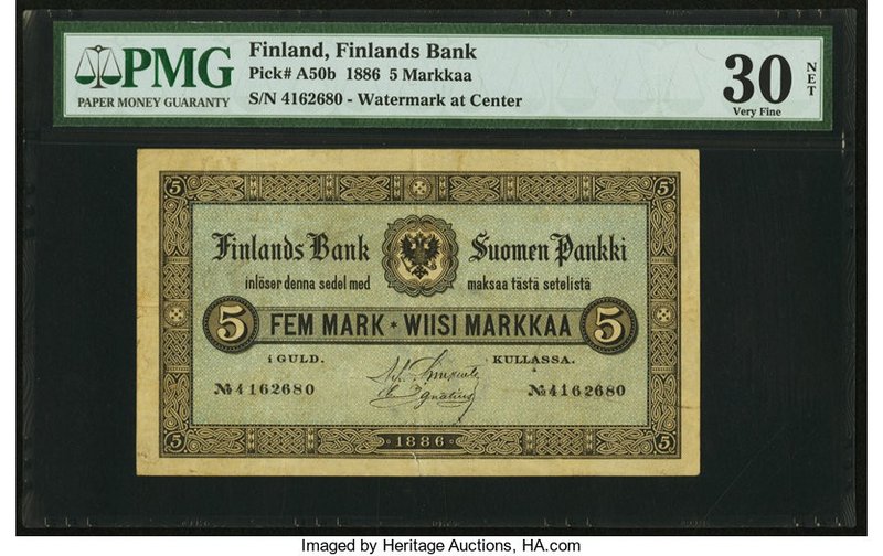 Finland Finlands Bank 5 Markkaa 1886 Pick A50b PMG Very Fine 30 Net. A decent ex...