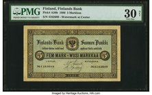 Finland Finlands Bank 5 Markkaa 1886 Pick A50b PMG Very Fine 30 Net. A decent example of this printed signature variety is offered here. Crisp, origin...