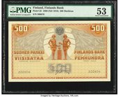 Finland Finlands Bank 500 Markkaa 1909 (1918) Pick 23 PMG About Uncirculated 53. Brilliant colors are seen on this grandly sized issue from early 20th...