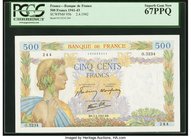 France Banque de France 500 Francs 2.4.1942 Pick 95b PCGS Superb Gem New 67PPQ. A visually stunning high grade example of this mid-denomination note. ...
