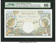 France Banque de France 1000 Francs 24.10.1940 Pick 96a PMG Gem Uncirculated 66 EPQ. The first issue date is featured on the high grade gem with the s...