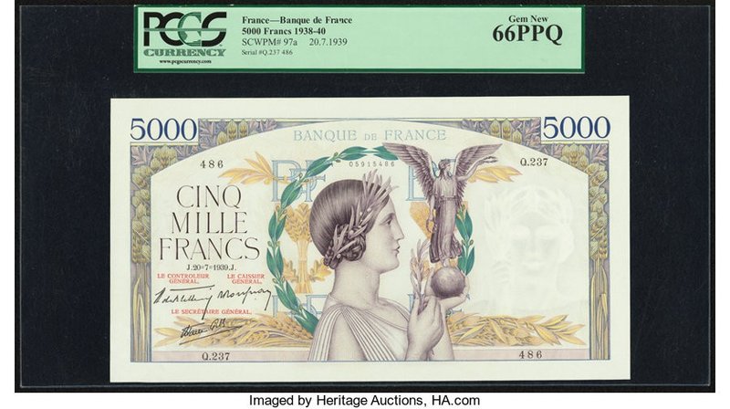 France Banque de France 5000 Francs 20.7.1939 Pick 97a PCGS Gem New 66PPQ. A con...