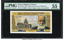 France Banque de France 5 Nouveaux Francs on 500 Francs 12.2.1959 Pick 137b PMG About Uncirculated 55. This popular Victor Hugo type had a short lifes...
