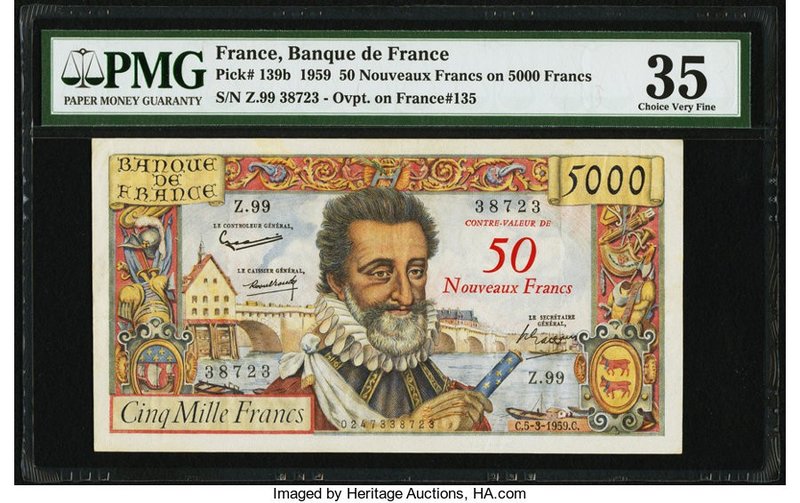 France Banque de France 50 Nouveaux Francs on 5000 Francs 5.3.1959 Pick 139b PMG...