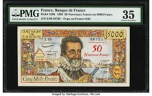 France Banque de France 50 Nouveaux Francs on 5000 Francs 5.3.1959 Pick 139b PMG Choice Very Fine 35. This intriguing example with red overprint 50 No...