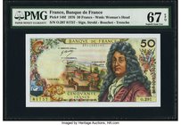 France Banque de France 50 Francs 3.6.1976 Pick 148f PMG Superb Gem Unc 67 EPQ. A gorgeous high grade example from the 1970s design issues. Jean Racin...