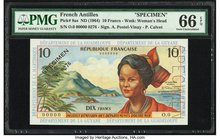 French Antilles Institut d'Emission des Departements d'Outre-Mer 10 Francs ND (1964) Pick 8as Specimen PMG Gem Uncirculated 66 EPQ. The always popular...