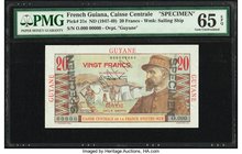 French Guiana Caisse Centrale de la France d'Outre-Mer 20 Francs ND (1947-49) Pick 21s Specimen PMG Gem Uncirculated 65 EPQ. This amazing example feat...