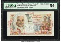 French Guiana Caisse Centrale de la France d'Outre-Mer 100 Francs ND (1947-49) Pick 23s Specimen PMG Choice Uncirculated 64. A handsome Specimen, and ...