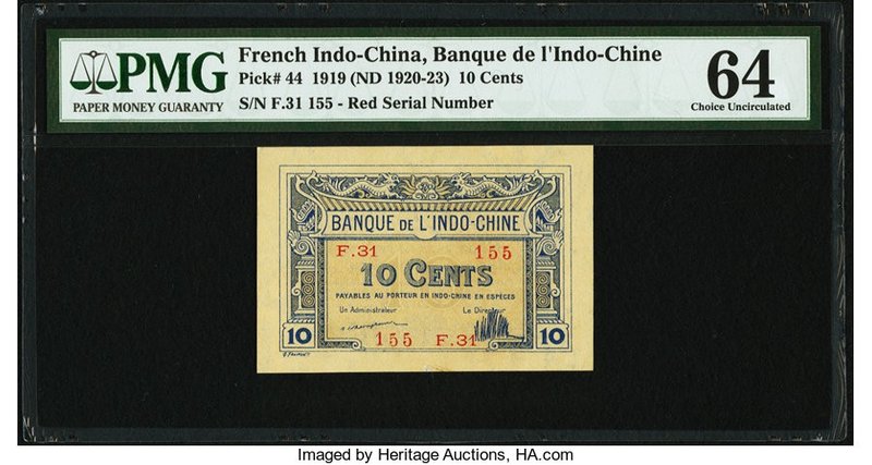 French Indochina Banque de l'Indo-Chine 10 Cents 1919 (ND 1920-23) Pick 44 PMG C...