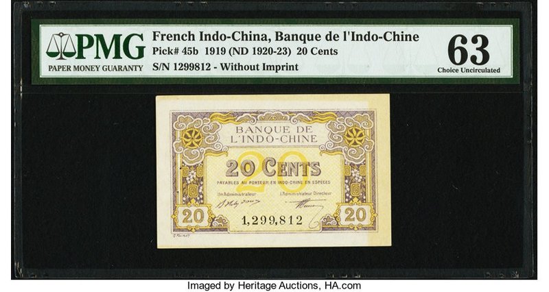 French Indochina Banque de l'Indo-Chine 20 Cents 1919 (ND 1920-23) Pick 45b PMG ...