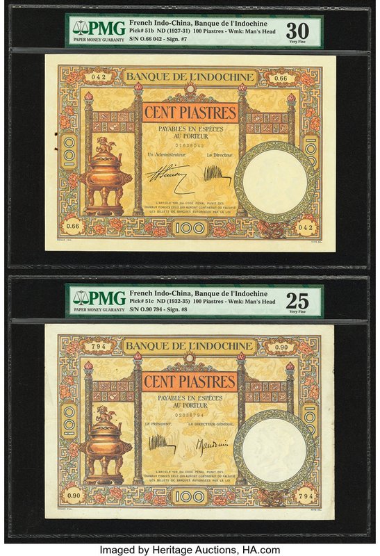 French Indochina Banque de l'Indo-Chine 100 Piastres ND (1927-31); ND (1932-35) ...