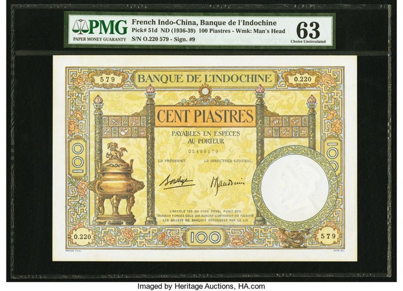 French Indochina Banque de l'Indo-Chine 100 Piastres ND (1936-39) Pick 51d PMG C...