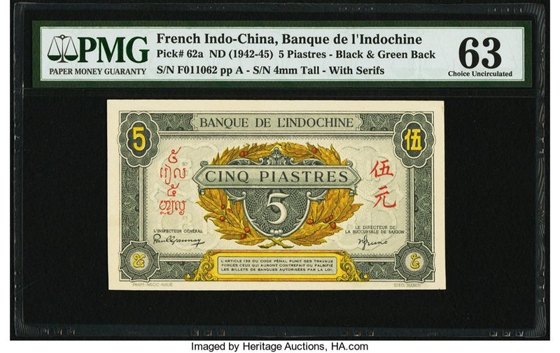 French Indochina Banque de l'Indo-Chine 5 Piastres ND (1942-45) Pick 62a PMG Cho...