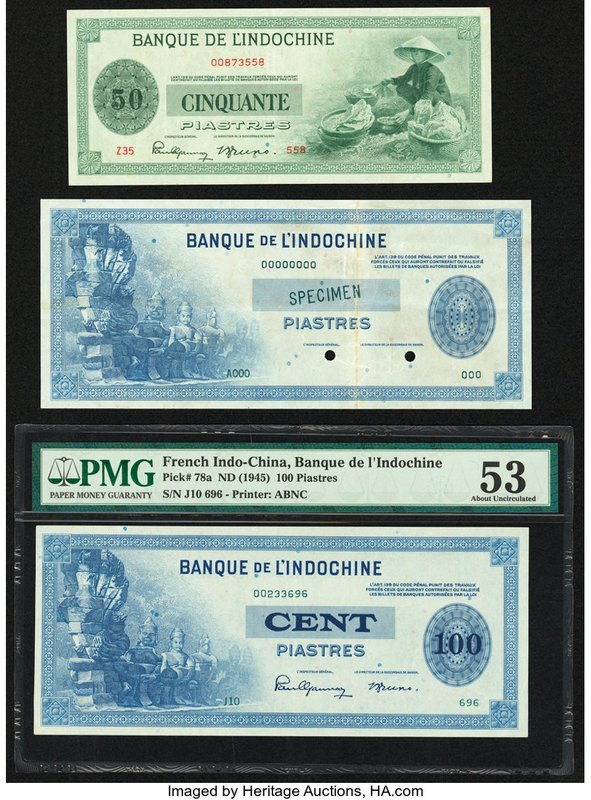 French Indochina Banque de l'Indo-Chine 50; 100 Piastres ND (1945) Pick 77a; 78a...