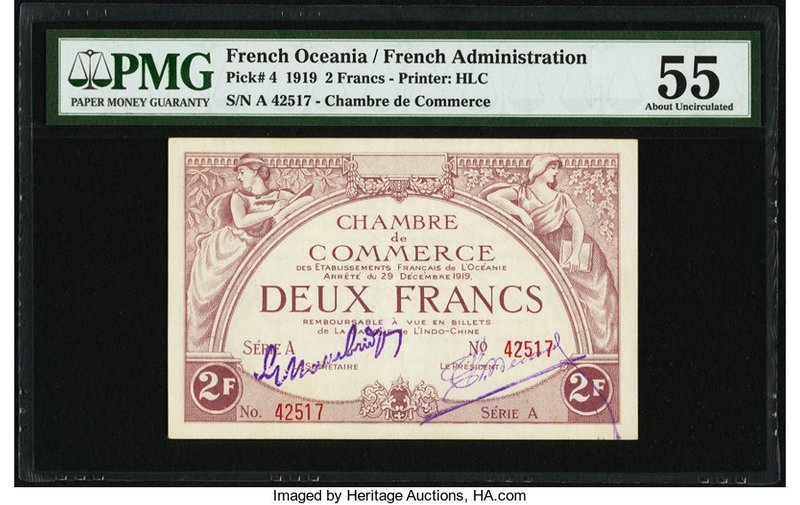 French Oceania Chambre de Commerce 2 Francs 29.12.1919 Pick 4 PMG About Uncircul...