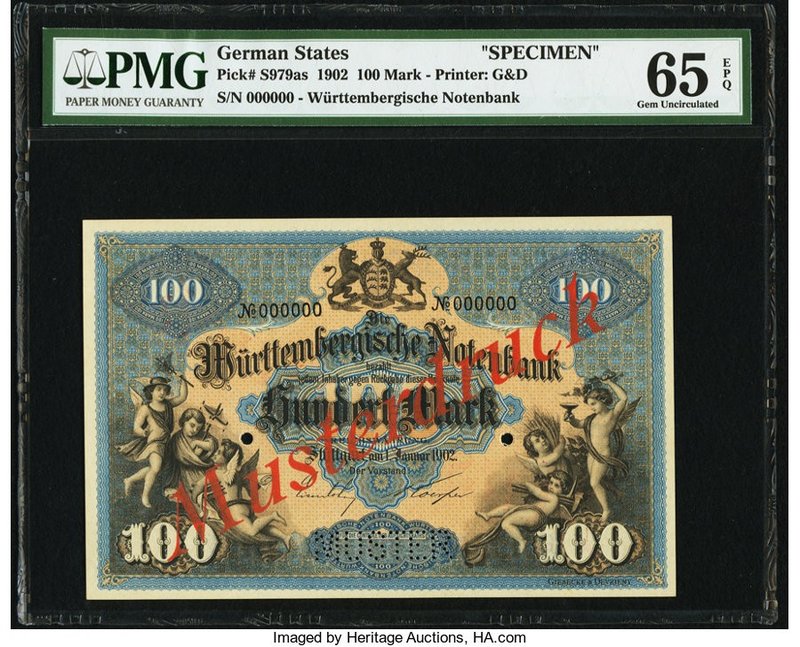 German States Wurttemberg Note Issuing Bank 100 Mark 1.1.1902 Pick S979as Specim...