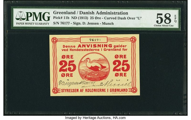 Greenland Handelsstederne Gronland 25 Ore ND (1913) Pick 11b PMG Choice About Un...