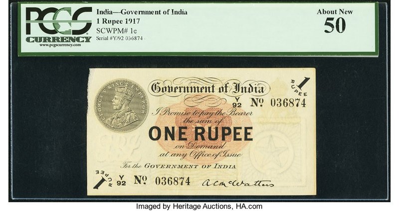 India Government of India 1 Rupee 1917 Pick 1e Jhun3.1.2A PCGS About New 50. Pac...