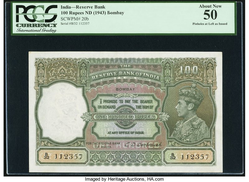 India Reserve Bank of India, Bombay 100 Rupees ND (1943) Pick 20b Jhun4.7.2A PCG...