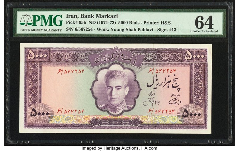 Iran Bank Markazi 5000 Rials ND (1971-72) Pick 95b PMG Choice Uncirculated 64. A...