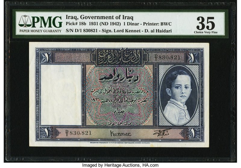 Iraq Government of Iraq 1 Dinar L. 1931 (1942) Pick 18b PMG Choice Very Fine 35....