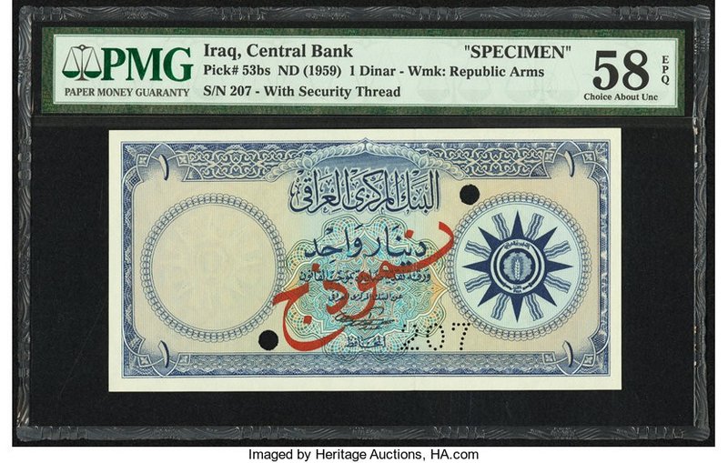 Iraq Central Bank of Iraq 1 Dinar ND (1959) Pick 53bs Specimen PMG Choice About ...