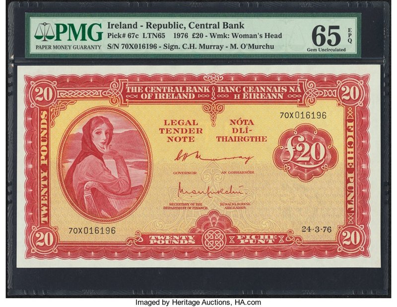 Ireland Central Bank of Ireland 20 Pounds 24.3.1976 Pick 67c PMG Gem Uncirculate...