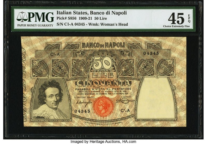 Italy Banco di Napoli 50 Lire 13.12.1914 Pick S856 PMG Choice Extremely Fine 45 ...