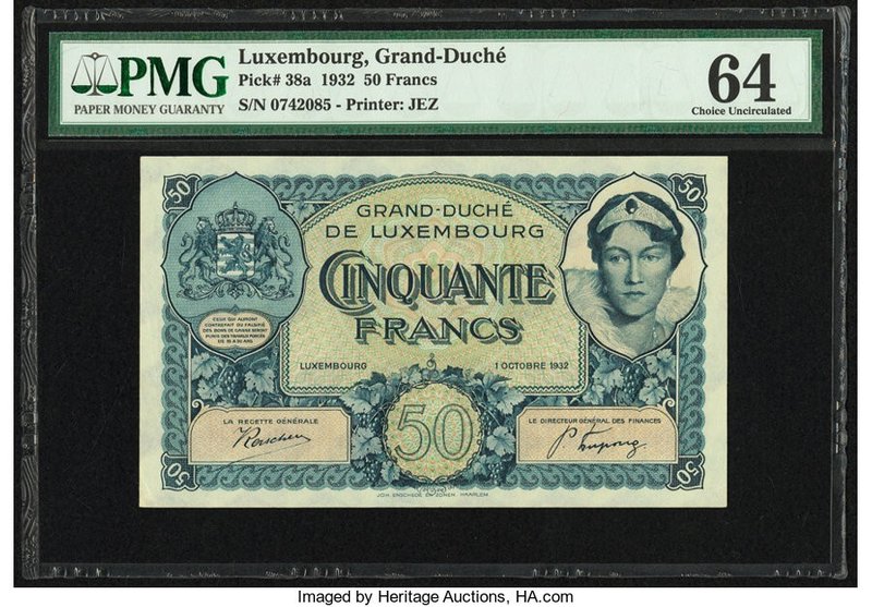 Luxembourg Grand-Duche de Luxembourg 50 Francs 1.10.1932 Pick 38a PMG Choice Unc...