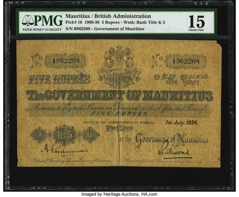 Mauritius Government of Mauritius 5 Rupees 1.7.1924 Pick 16 PMG Choice Fine 15. ...