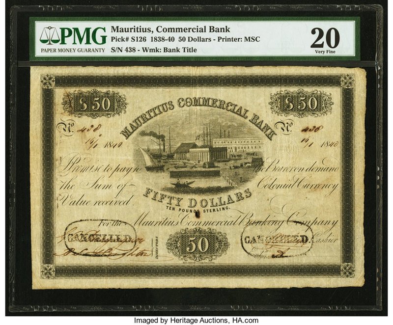 Mauritius Mauritius Commercial Bank 50 Dollars = 10 Pounds 10.1.1840 Pick S126 P...