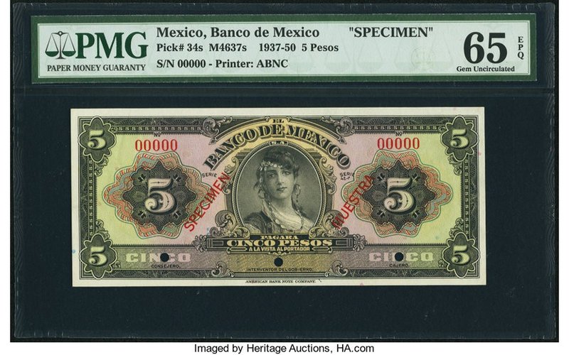 Mexico Banco de Mexico 5 Pesos 1937-50 Pick 34s Specimen PMG Gem Uncirculated 65...