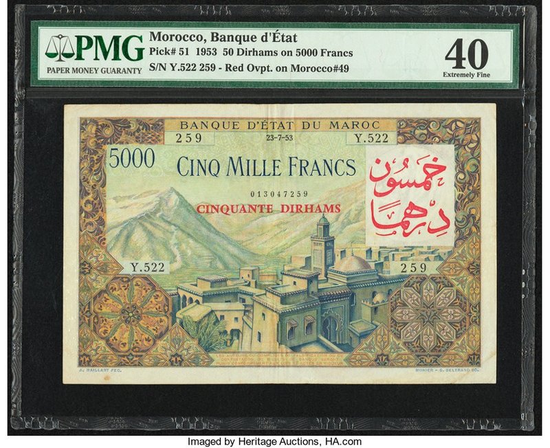 Morocco Banque d'Etat du Maroc 50 Dirhams on 5000 Francs 23.7.1953 (ND 1959) Pic...