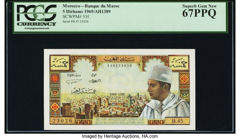 Morocco Banque du Maroc 5 Dirhams 1969 / AH 1389 Pick 53f PCGS Superb Gem New 67...