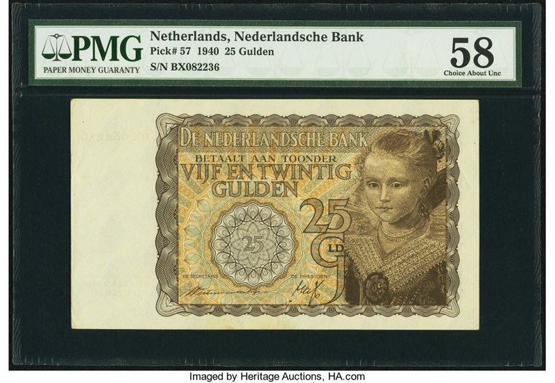 Netherlands Nederlandsche Bank 25 Gulden 20.5.1940 Pick 57 PMG Choice About Unc ...