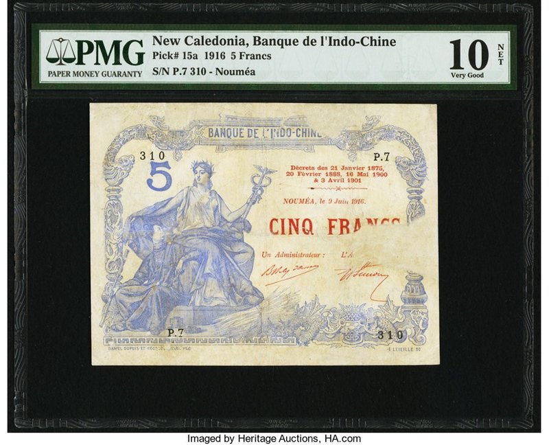 New Caledonia Banque de l'Indochine 5 Francs 9.6.1916 Pick 15a PMG Very Good 10 ...