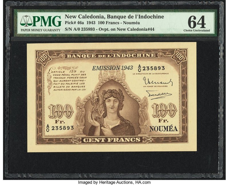 New Caledonia Banque de l'Indochine 100 Francs1943 Pick 46a PMG Choice Uncircula...