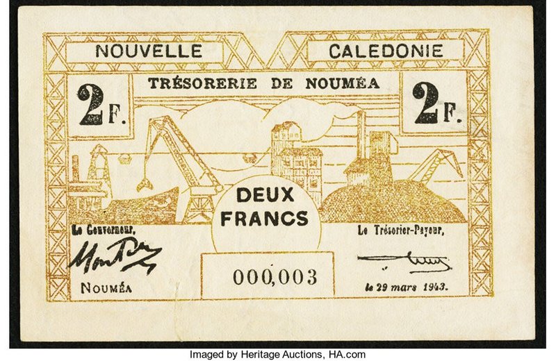 New Caledonia Tresorerie de Noumea 2 Francs 29.3.1943 Pick 56b Serial Number 3 A...