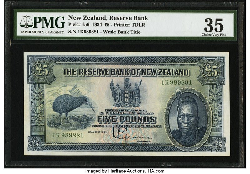 New Zealand Reserve Bank of New Zealand 5 Pounds 1.8.1934 Pick 156 PMG Choice Ve...