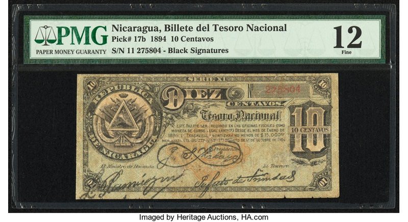 Nicaragua Billete del Tesoro Nacional 10 Centavos 12.10.1894 Pick 17b PMG Fine 1...