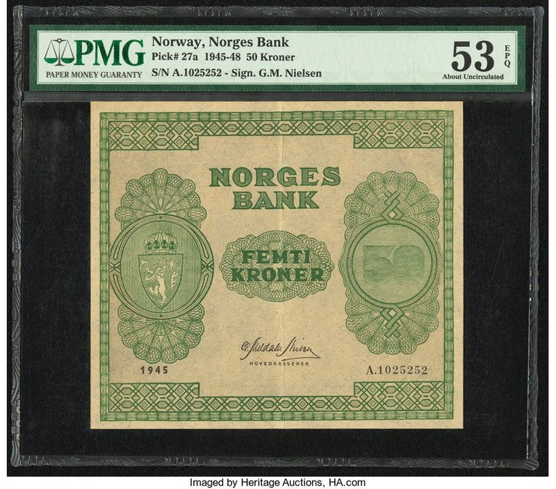 Norway Norges Bank 50 Kroner 1945 Pick 27a PMG About Uncirculated 53 EPQ. A plea...