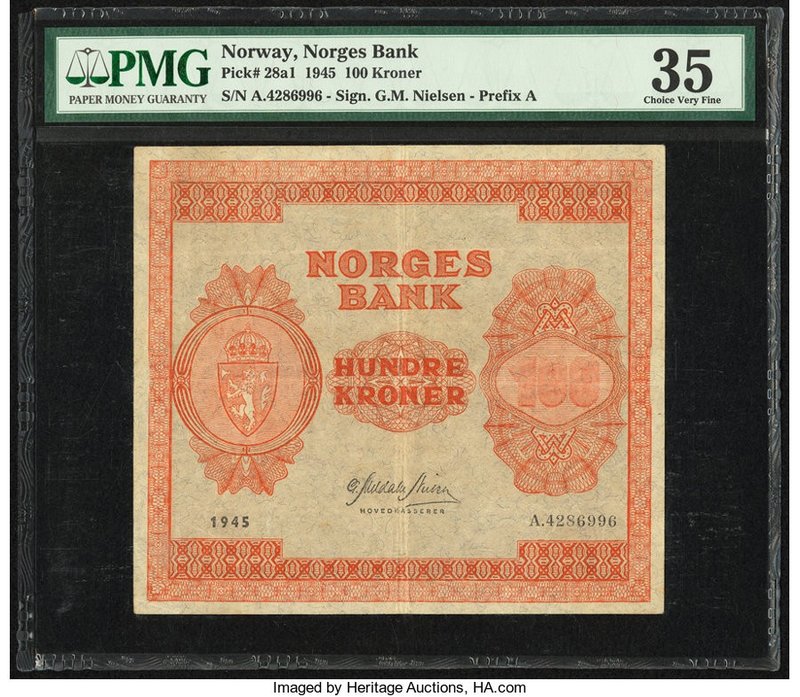 Norway Norges Bank 100 Kroner 1945 Pick 28a1 PMG Choice Very Fine 35. This G.M N...