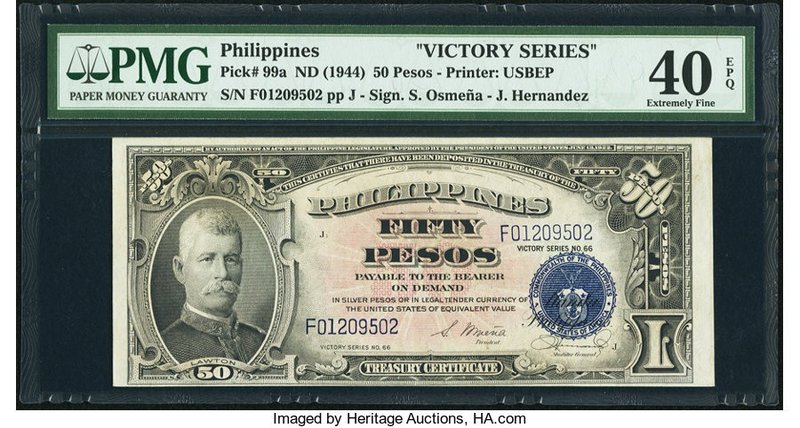 Philippines Treasury Certificate Victory Issue 50 Pesos ND (1944) Pick 99a PMG E...